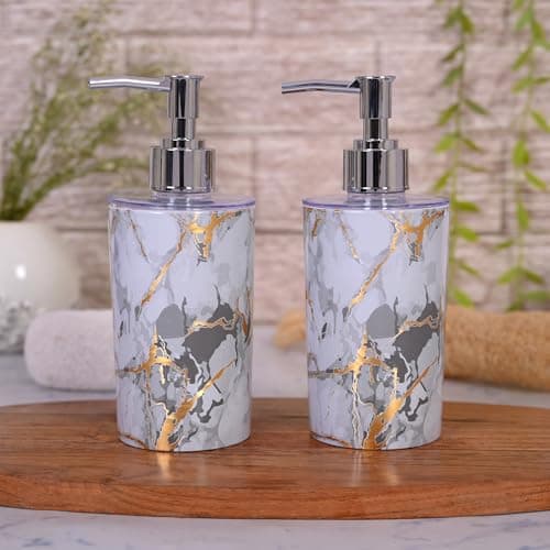 Shenron Refillable Liquid Soap Dispenser, Unbreakable Plastic Dispenser for Sanitizer, Lotion, Shampoo Handwash Bottle for Kitchen, Bathroom, Shower, Wash Basin, 250ML (White Marble, Pack of 2)