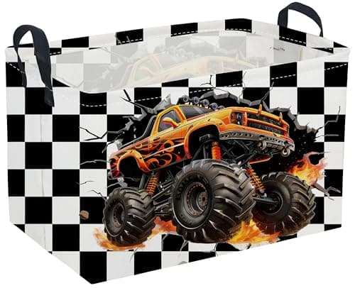 Sanjiaofeng Rectangular Monster Truck Basket for KidsBaby Storage Bins with Handles for Car DecorRacing Storage BinCute Toy Storage Organizer for Boys and GirlsCar Room DecorRacing flag
