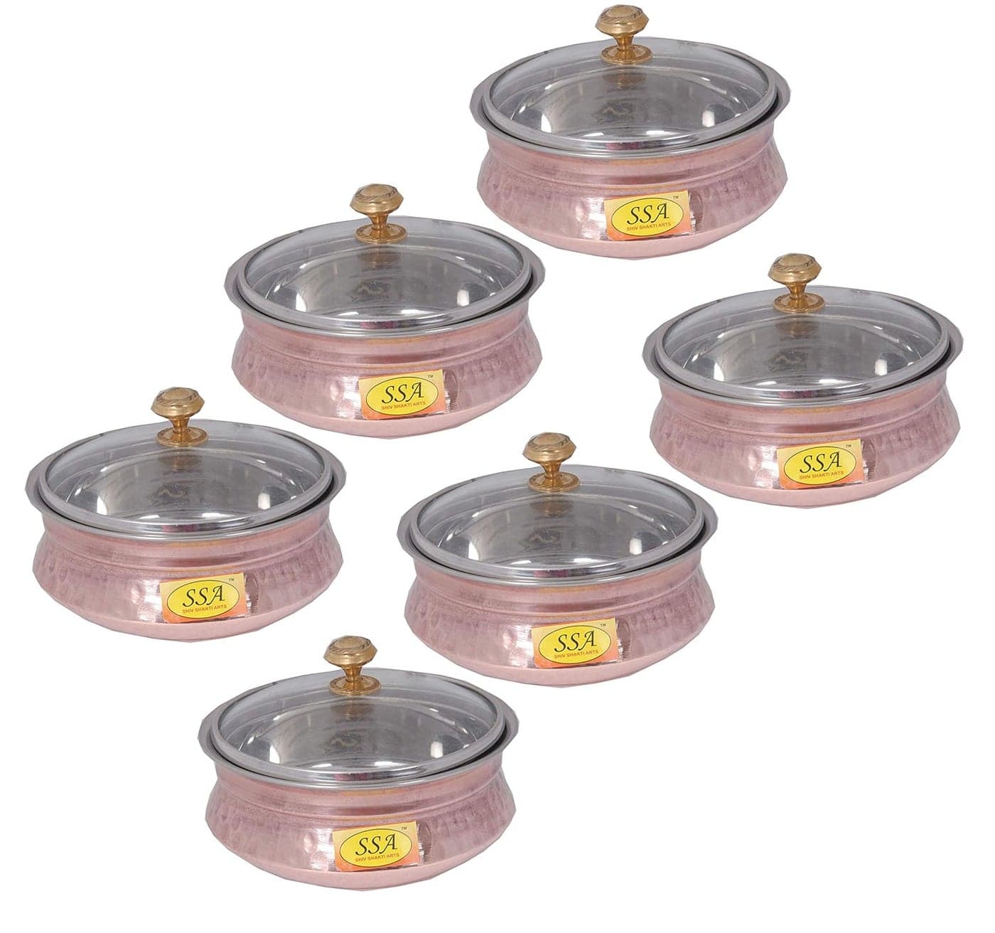 SHIV SHAKTI ARTS Hammered Steel Copper Casserole Donga Bowl Handi With Glass Lid,Handmade,Tableware and Serveware,500 ml eachl::Set Of 6