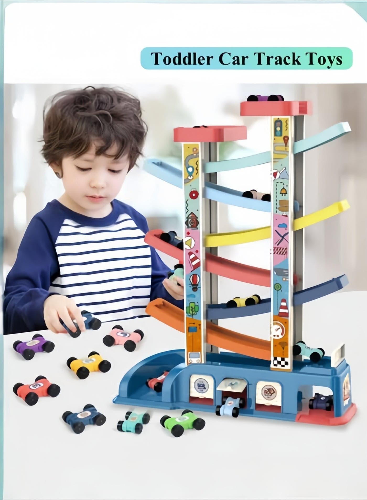 Toddler Car Track Toys with Car Ramps & 6 Wood Race Car & 1 Parking Garage Wooden Car Ramp Toddler Toys for 1 2 Year Old Boy