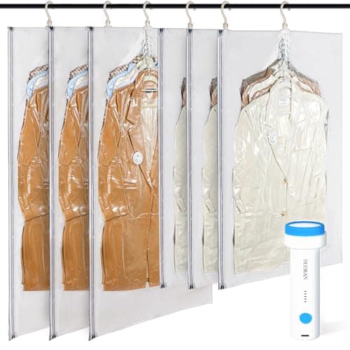 DUORAN Hanging Vacuum Storage Bags with Electric Pump 6 Pack 3 Long 3 Short Hanging Vacuum Seal Bags for Clothing Closet Organizer Space Saver for Suits Jackets Coats