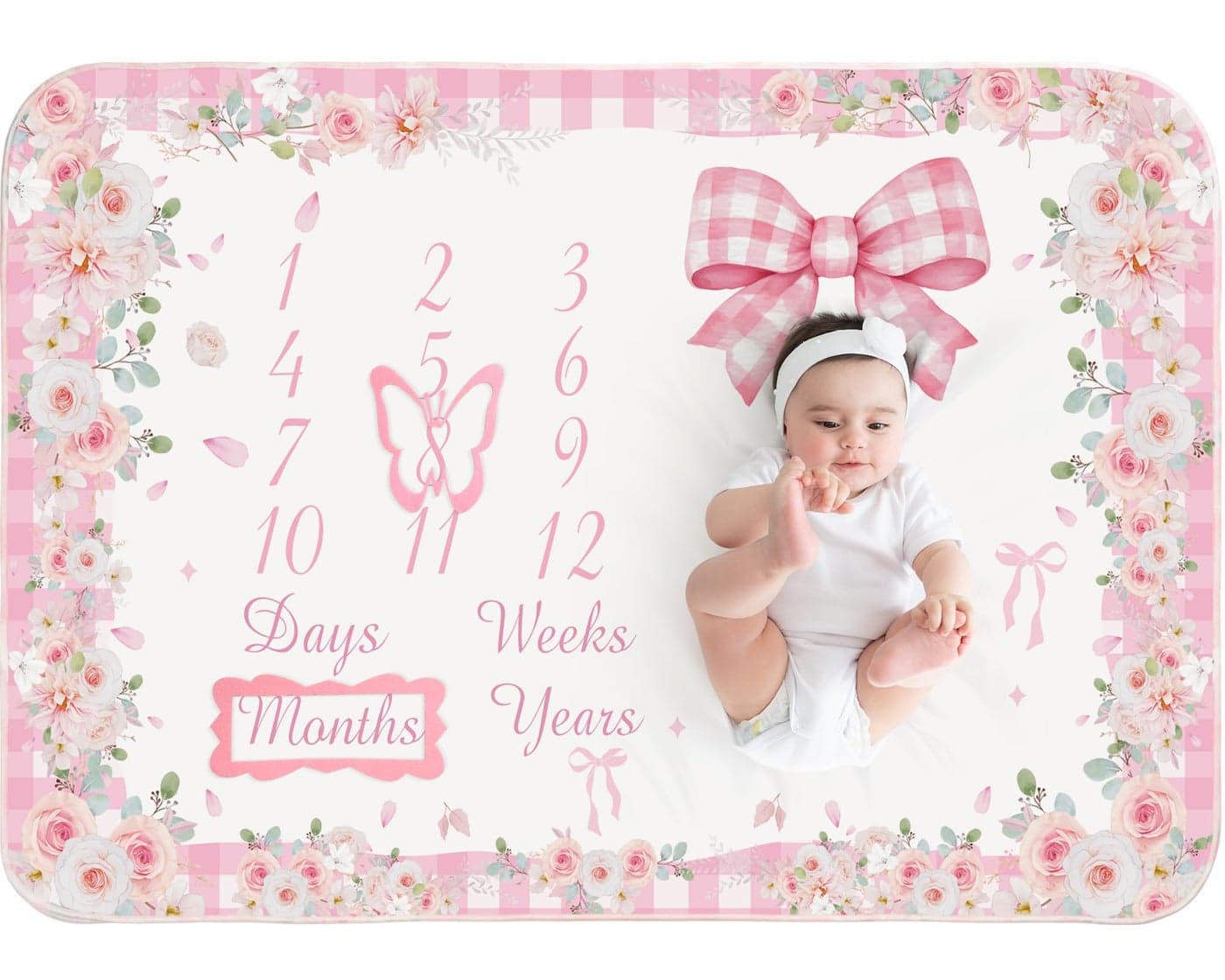 Chumia Baby Monthly Milestone Blanket for Baby Girl 59"x39" Floral Photo Prop Age Milestone Blanket with 2 Felt Floral Wreath Frame (Pink,Bow)