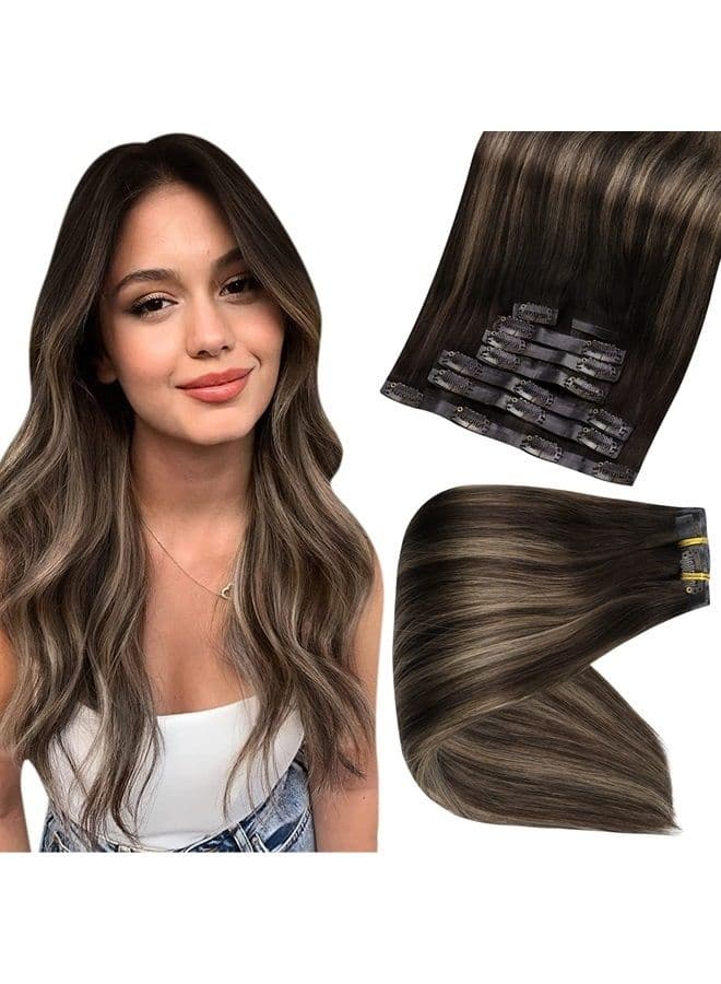 Clip in Human Hair Extensions Pu Weft Clip in Extensions Remy Hair Balayage Color 2 Dark Brown Fading to 8 Ash Brown Highlights 2 Brown Hair Extensions Clip in 120 Gram 8 Pcs 18 Inch