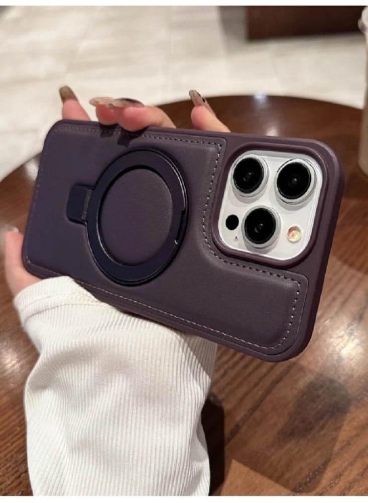 New Magnetic Charging Bracket Phone Case Simple And Plain Leather Airbag Anti Drop Purple Suitable For iPhone 16 pro