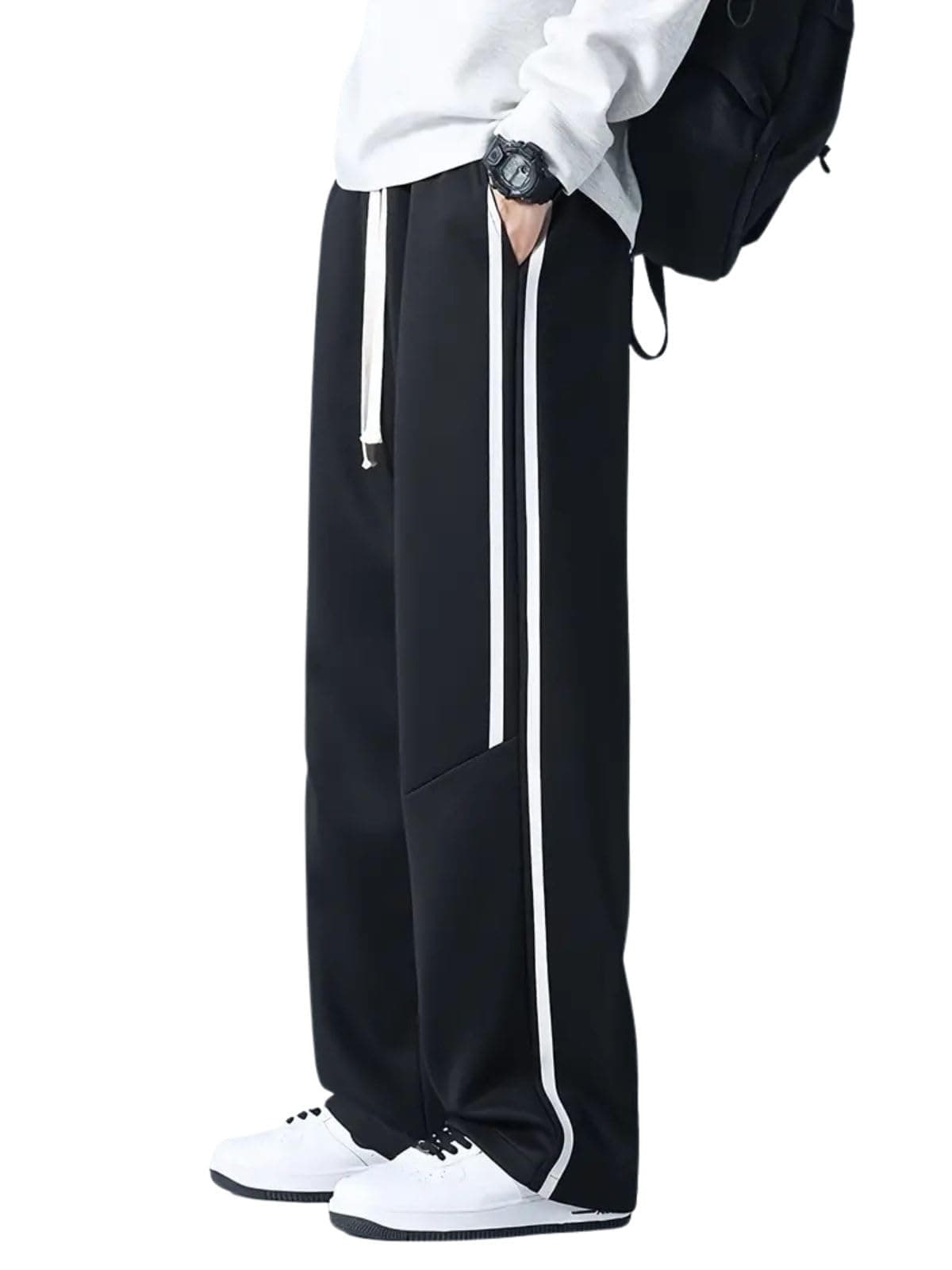 Greciilooks Korean Style Track Pants for Men – Loose Fit Lycra Cargo Joggers | Trendy Gym & Streetwear Bottoms with Utility Pockets Black