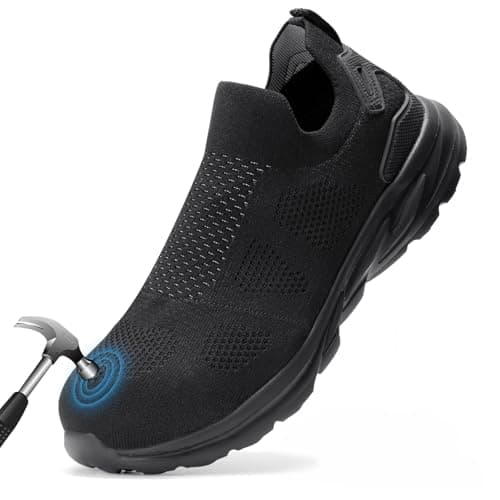 Furuian Slip On Steel Toe Safety Shoes for Men Lightweight Breathable Steel Toe Work Sneakers Comfortable Non Slip Safety Work Tennis Shoes for Men Black
