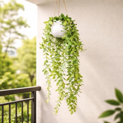 MARKET 99 Artificial Green Hanging Plant with White Pot | Lifelike Faux Greenery for Wall Décor, Home, Office, Bedroom, Living Room, Balcony, Tabletop Decoration | Low Maintenance & Stylish