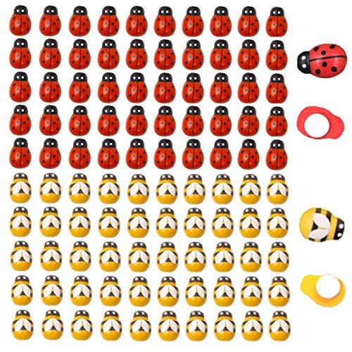 120pcs Wood Bees and Wood Ladybugs Flatback Bees Wooden Ladybugs Self-Adhesive Embellishments for Craft Scrapbooking Baby Shower Birthday Party Decoration