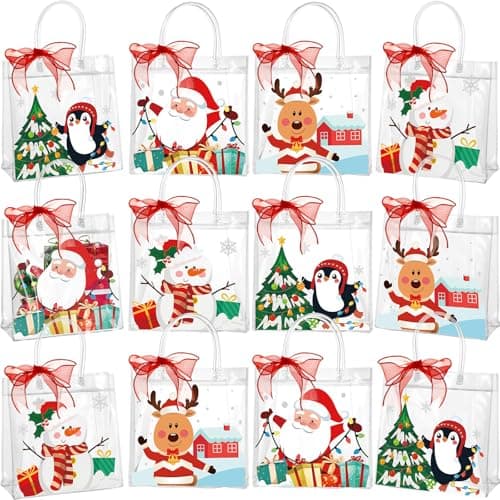 Henoyso 12 Pcs Christmas Clear Gift Bags Plastic Candy Treat Goodie Bags Red Foil Santa PVC Wrap Totes with Handles and Ribbon Xmas Party Favors Santa and Snowman78 x 78 x 31 Inch