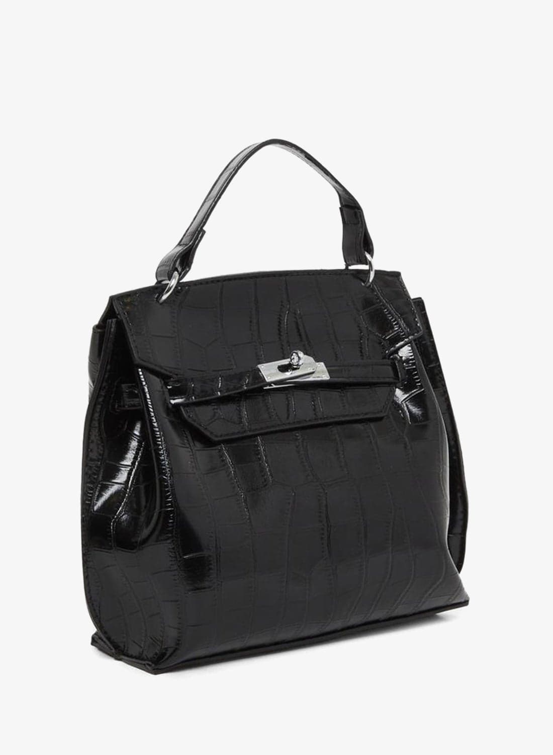 Black Twist Lock Textured Handbag