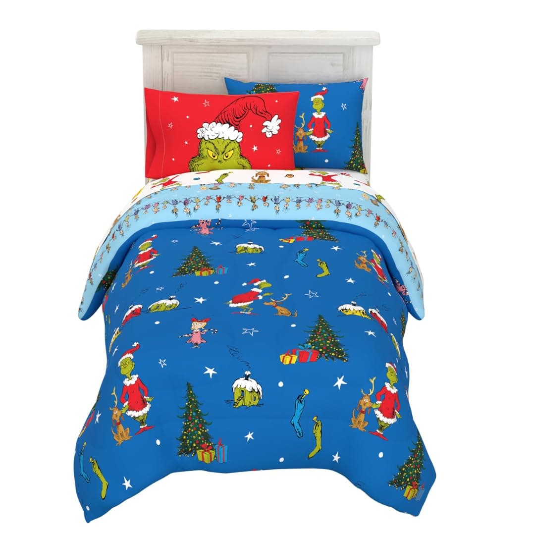 Franco Grinch by Dr Seuss Holiday Christmas Bedding Soft Comforter and Sheet Set with Sham 5 Piece Twin Size Official Dr Seuss Product