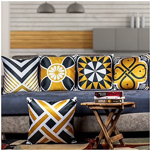Vendola Mustard Yellow Microfiber Satin 250TC Cushion Pillow Covers, Yellow, Set of 5 (16X16 Inches, Mustard Yellow)