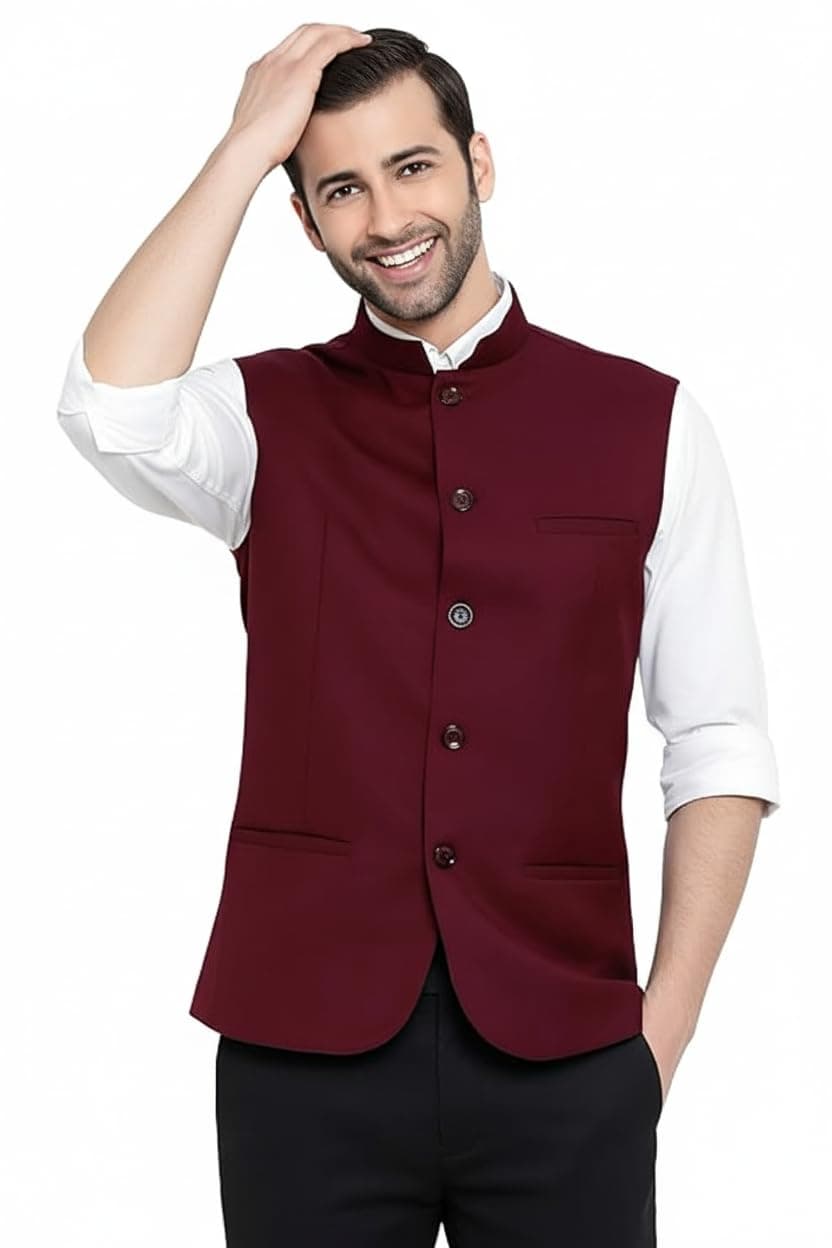 ROCKSY Maroon Nehru Jacket, Bandi Modi Koti for Men, Cotton Waistcoat for All Occasion: Diwali, Wedding, Ethnic, Office Party, Formal and casual Look, Size 42
