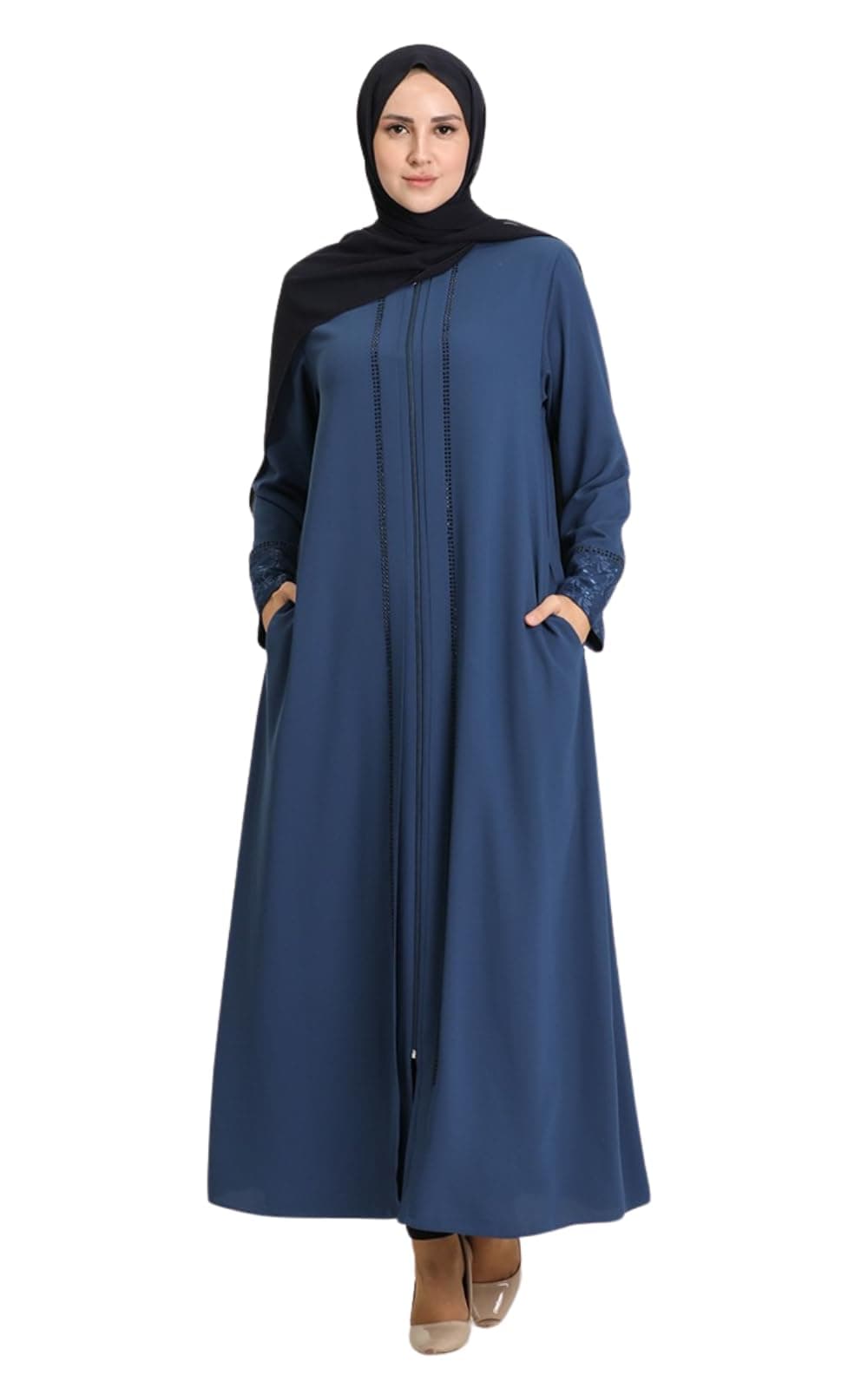 istanbul styles Women's Abaya Lace Applique Long Sleeve Floor Length Turkey Zipper Islamic Fashion Denim Blue