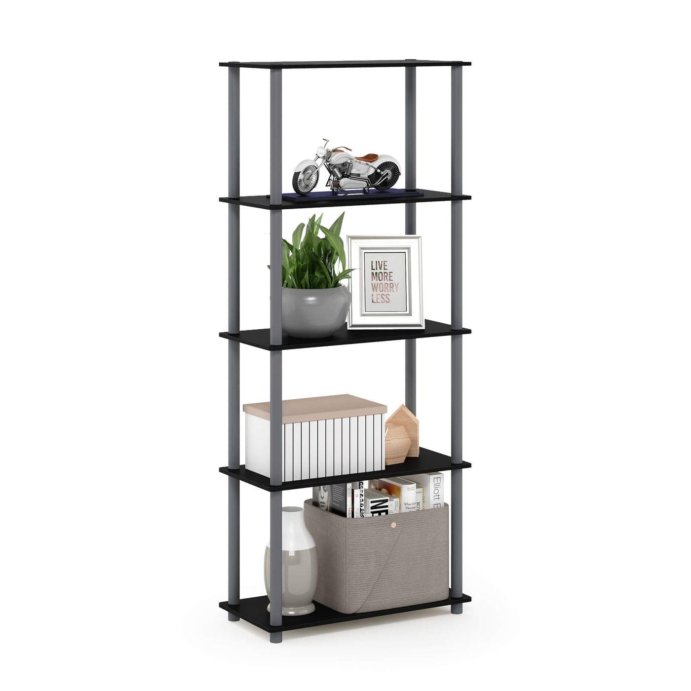 Furinno TurnNTube 5Tier Multipurpose Shelf Display Rack Storage Shelf Bookshelf Round Tubes BlackGrey