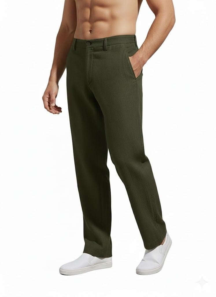 SMOWKLY Casual Trousers for Men |Men’s Regular Fit Straight Pants |Comfortable Stylish Trousers for Men |Soft Fabric Chinos for Everyday Wear, Travel & Office |Linen Cotton Bottom Wear(1692_OLV_32)