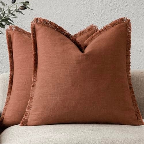 Foindtower Set of 2 Decorative Linen Fringe Throw Pillow Covers Farmhouse Cushion Cover with Tassels Soft Accent Pillowcase for Couch Chair Sofa Bed Living Room Home Decor2222 InchFall Rust Orange