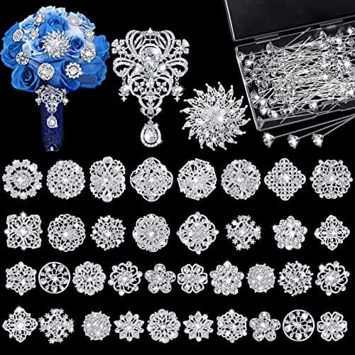 138 Pcs Flower Brooch Bouquet Pins Silver Rhinestone Brooches Diamond Brooch for Flowers Crystal Corsages Flower Straight Head Pins Bulk Christmas Brooches Jewelry Gifts for Crafting Wedding