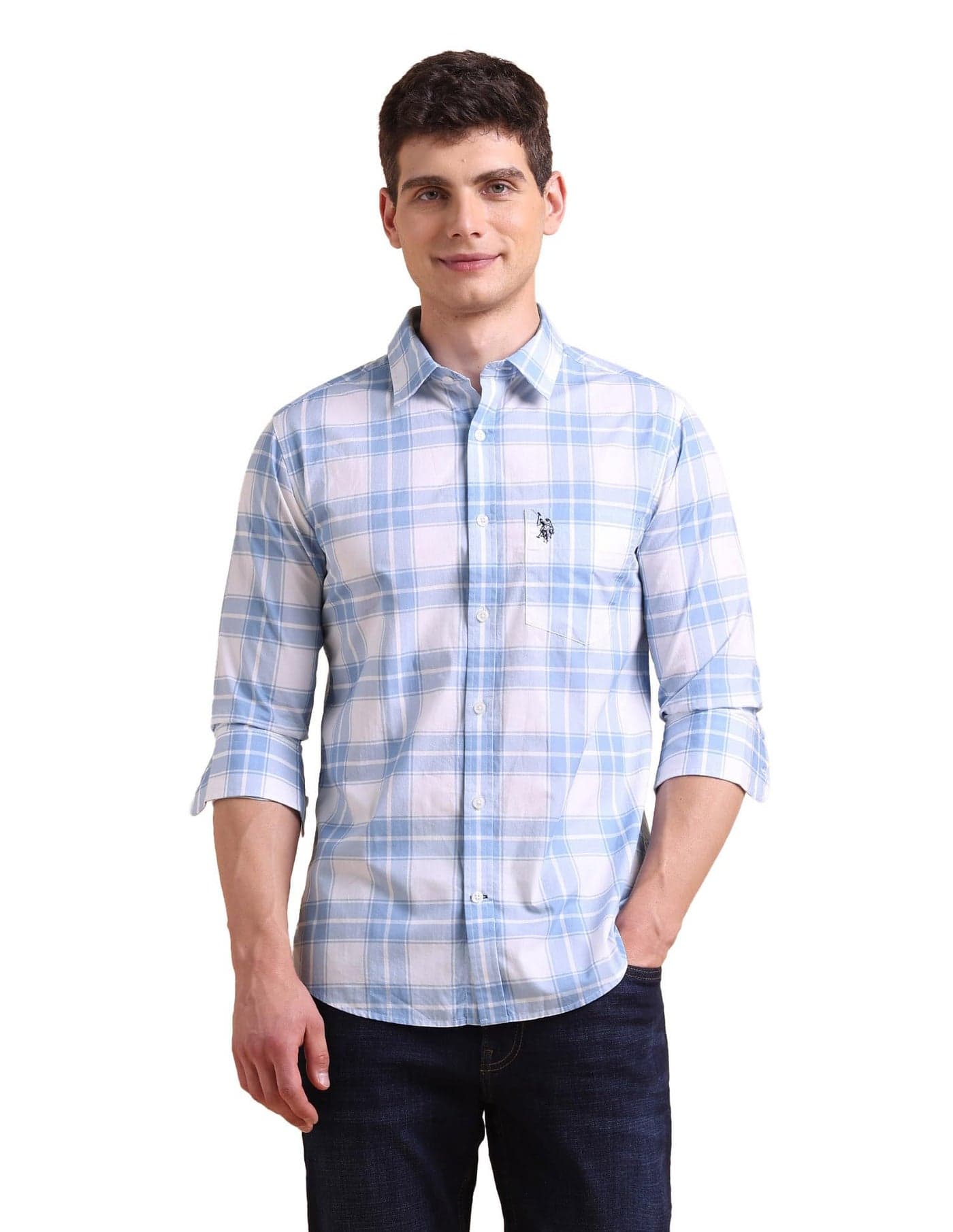 U.S.Polo Association Men's Tailored Fit Grid Tattersall Checked Shirt Blue