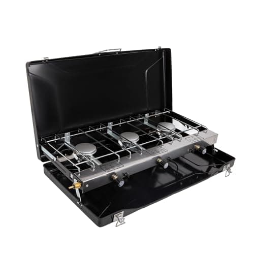 FineFlame 3-Burner Propane Camping Stove 19800 BTUs, Portable Camp Stove with 3 Adjustable Burners and Push-Button Instant Ignition, Portable Camping Grill, Built-in Carrying Handle