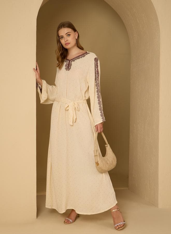 Crinkled Embroidered Detail Jacquard Jalabiya With Fabric Belt