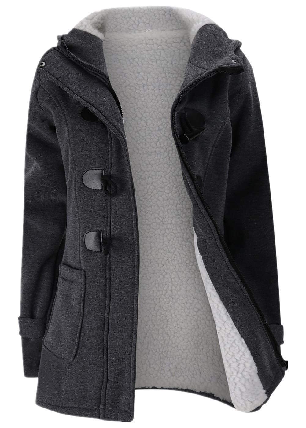 JiangWu Womens Fashion Horn Button Fleece Thicken Coat with Hood Winter Warm Jacket (X-Large, Dark-gray)