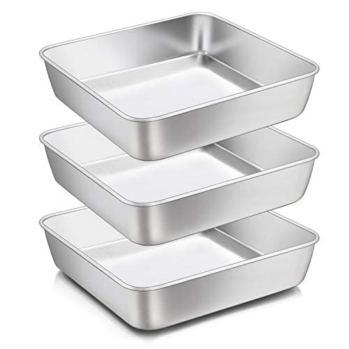 8 x 8-Inch Baking Pan, E-far Square Cake Brownie Baking Pans Stainless Steel Bakeware Set of 3, Fits in Small Toaster Oven, Non-toxic & Dishwasher Safe