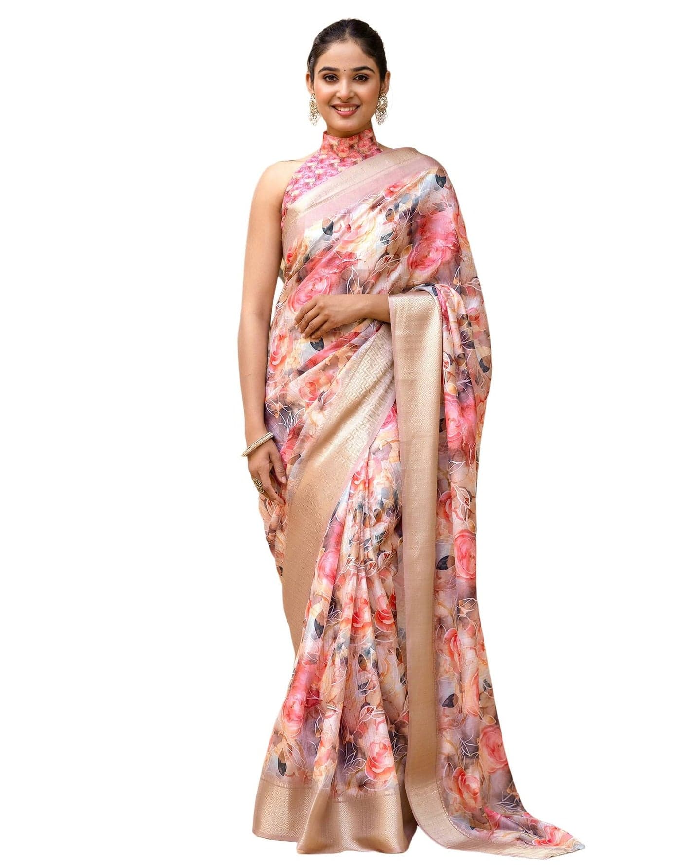 SIRIL Women's Silk Floral Printed Ready to Wear Saree with Unstitched blouse Piece (54RS135_Beige)