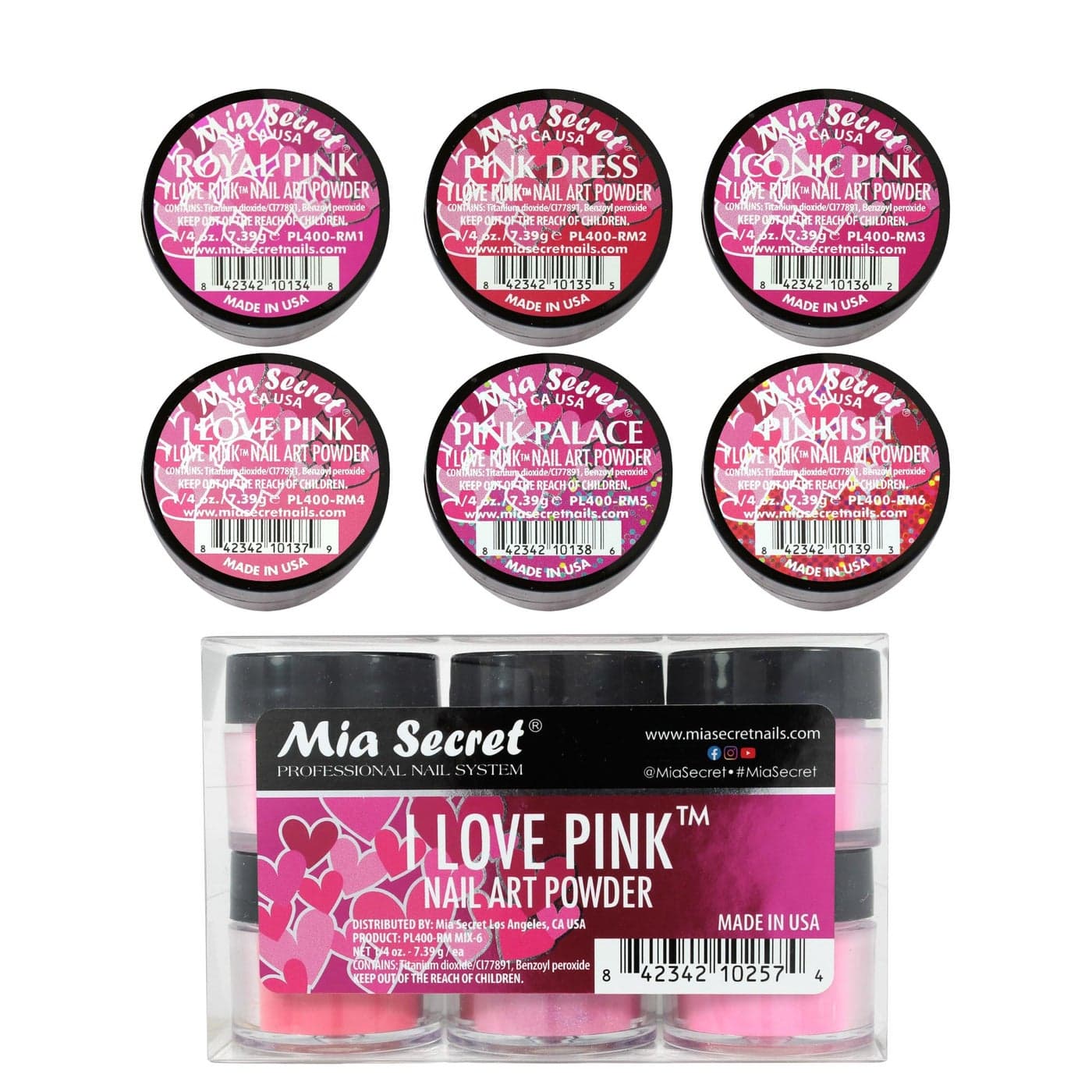 6PC Mia Secret Colored Acrylic Nail Art Powder Collection I LOVE PINK 6PC