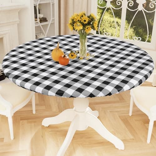 Smiry Round Picnic Tablecloth, Elastic Waterproof Fitted Vinyl Tablecloths for 45"-56" Tables, Flannel Backed Buffalo Plaid Table Cover for Dining, Camping, Outdoor, Black and White