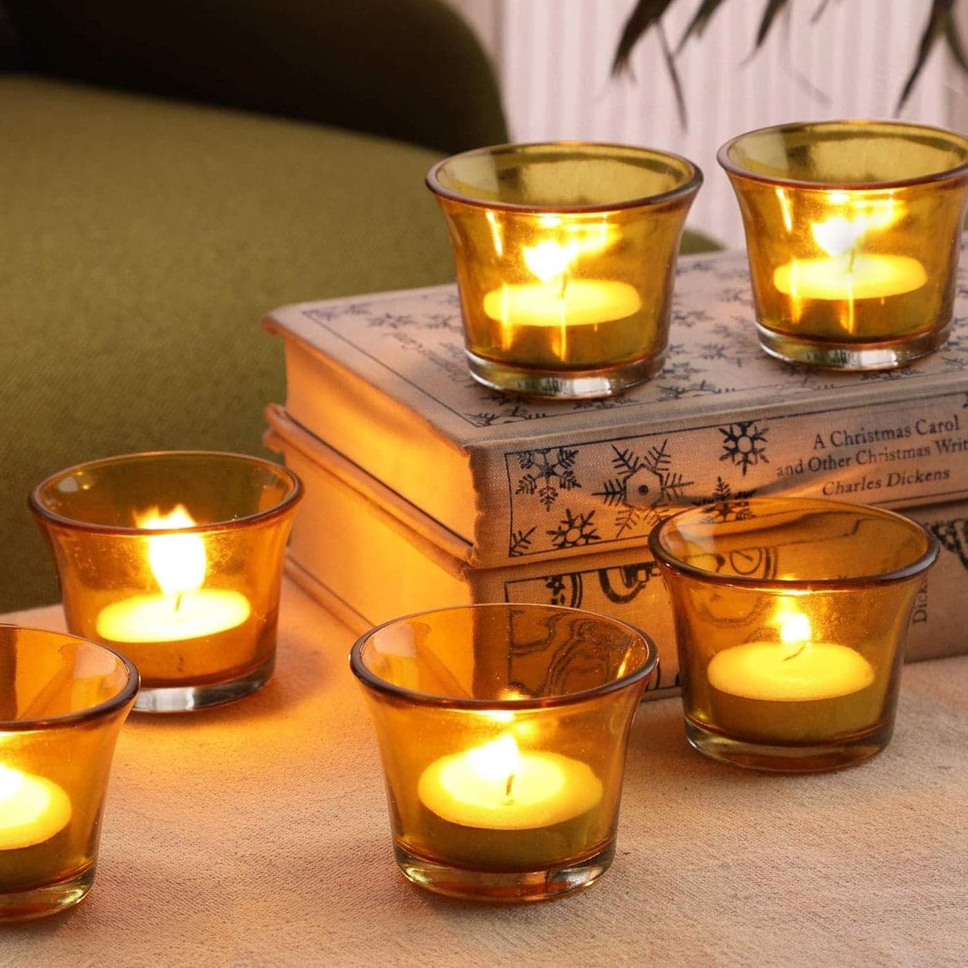 TIED RIBBONS Set of 6 Votive Glass Tealight Candle Holders Glass Votive Decorations Items for Home Decor Glass Yellow 63 cm X 45 cm Decor Gifts