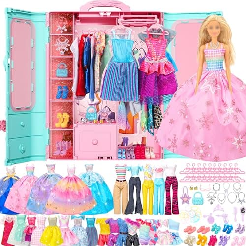 Style Shine 70 Pcs Doll Closet with Clothes Accessories Playset2 Wedding Gowns 6 Fashion Dresses 2 Tops 2 Pants 2 Swimsuits 10 Shoes 20 Hangers 27 Accessories Toys for Girls Kids Birthday Gifts