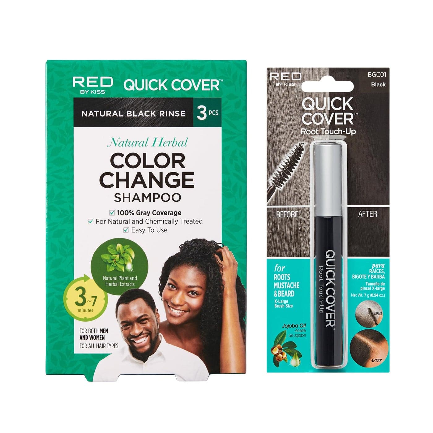 Red by Kiss Color Change Shampoo Permanent Hair Color with 100 Gray Coverage Quick 710 Minute Formula No Tools Needed Herbal Extracts Includes 3 Shampoo Pouches Root Cover Up Natural Black Black Root Mascara