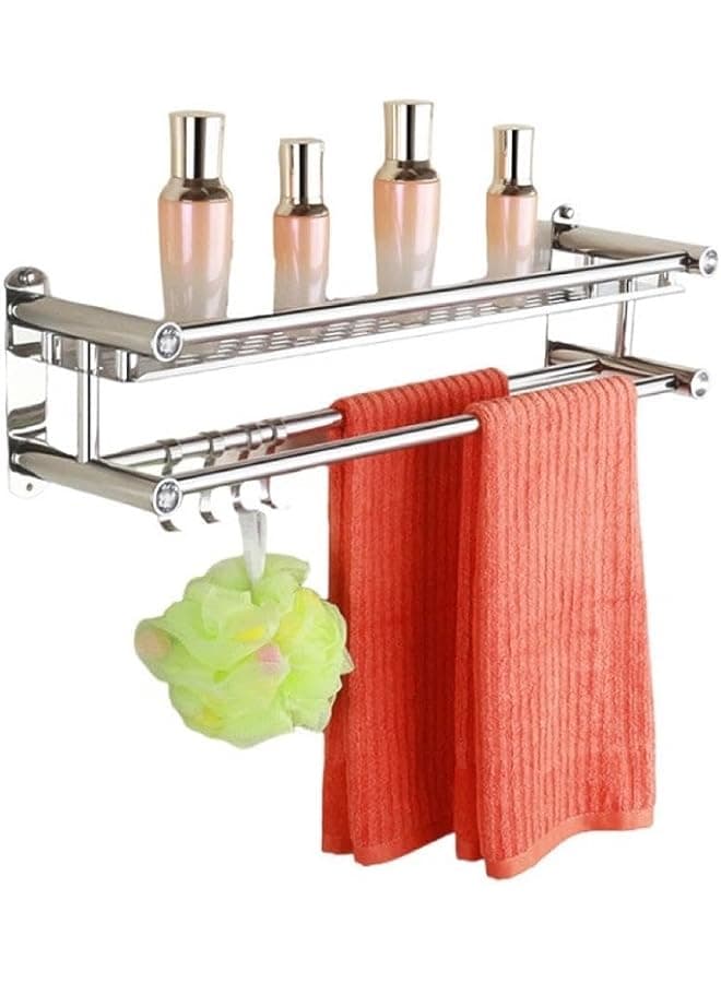 Steel Bathroom Organizer, Wall Mount Adhesive Bathroom Shelf Rack with Towel Holder, No Drilling Wall Mounted Large Shower Organizer Rack for Bathroom, Living Room, Kitchen (2 Layer)