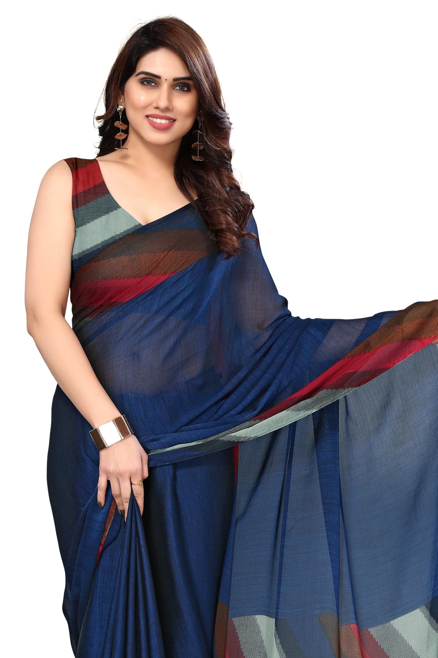 MIRCHI FASHION Chiffon Georgette Solid/Stripe Print Sarees for Women with Blouse Piece (38161-Blue)
