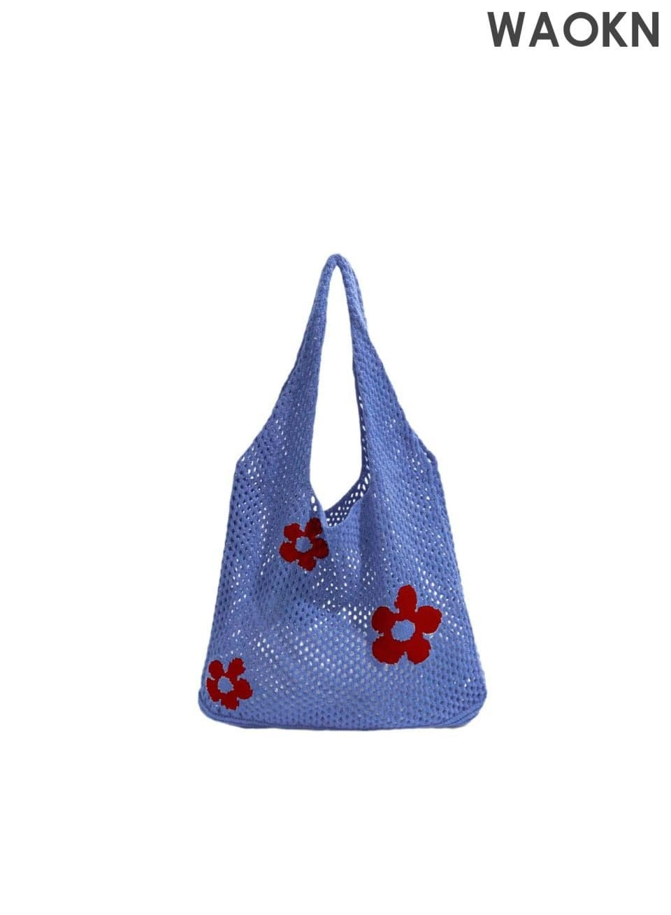 Women's Shoulder Bag , Tote Bag ,Flower Pattern Knitted Bag Hollow Versatile large capacity shopping bag, simple woven bag , Mesh hollowed out shoulder bag , Suitable for work and shopping , unisex , blue .