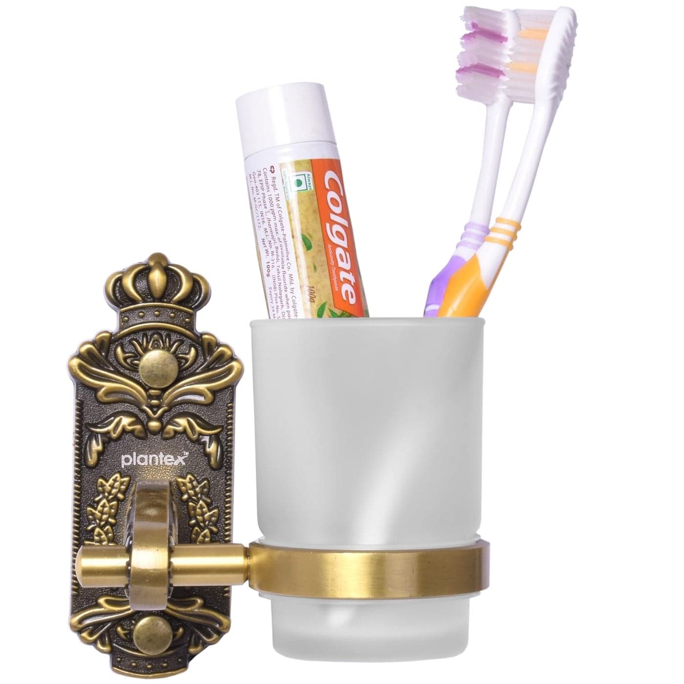 Plantex Antique Aluminium Tumbler HolderMatt Glass Tooth Brush StandBathroom Accessories BrassAntique Finish