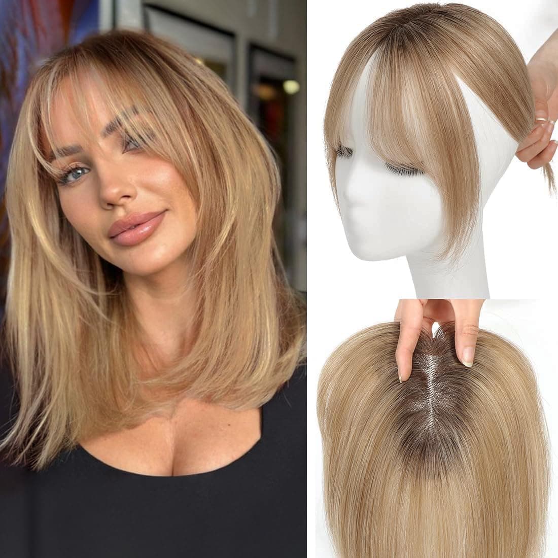 UDU Real Human Hair Toppers with Thinning Hair Ombre Blonde Bangs for Hair Loss