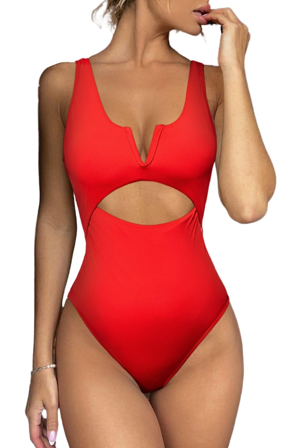 Meyeeka One Piece Bathing Suit for Women Tummy Control Womens Swimsuits High Cut Monokini L Red
