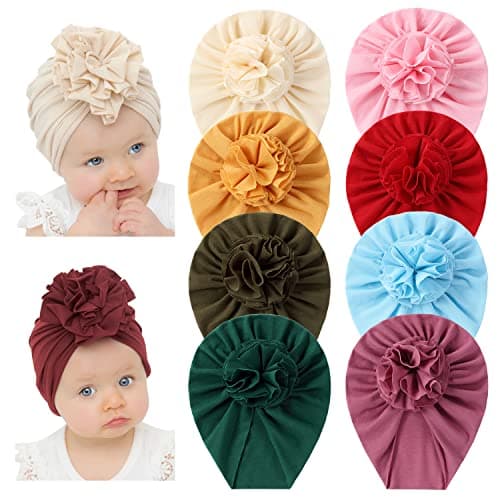 Angla 8 Pack Solid Cotton Turban Hats Large Flower Hair Bows Knot Wide Headwraps Beanie Muslim Islamic India Cap Bonnet Hat for Newborn Infant Toddlers Kids Baby Girls