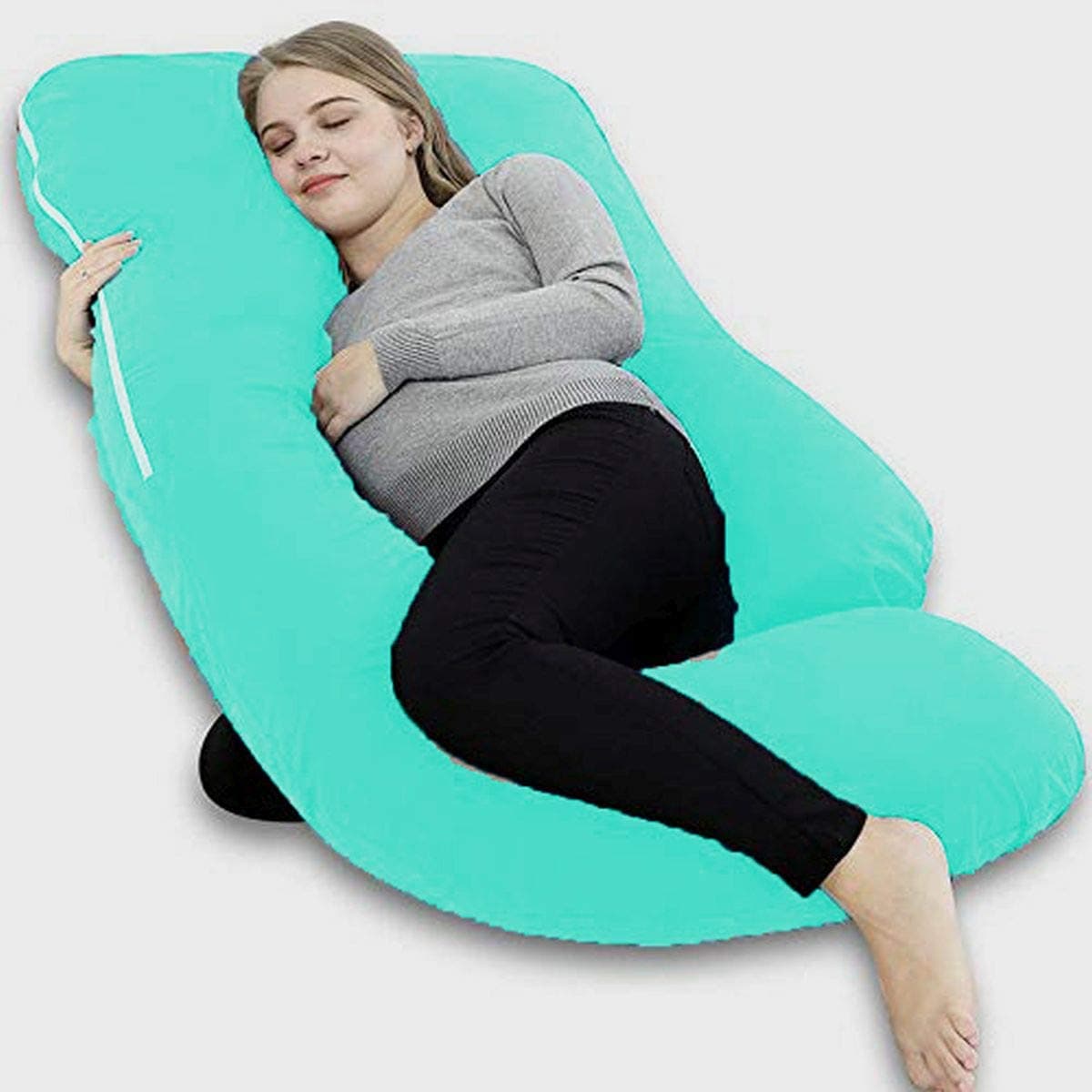 Jaipur Linen U Shaped Pregnancy PillowBody PillowLumbar PillowMaternity Pillow Extra Curve with Cotton Zippered CoverMint Green