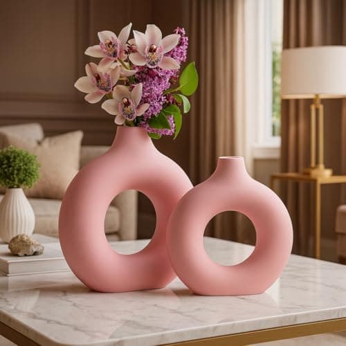 Xtore Persian Pink Ceramic Donut Vases for Home Décor | Minimalist Aesthetic Decorative Vase for Living Room, Bedroom, Office, Shelf, Coffee Table, Dining Table - (Pack of 2, Grass not Included)