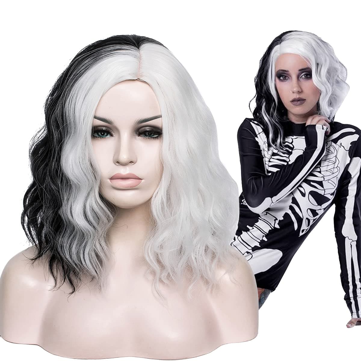 Aicos Short Black and White Costume Wig for Women Halloween Spooky Curly Wig Daily Dress Carnival Party Masquerade Anime Cosplay Wig Wig Cap