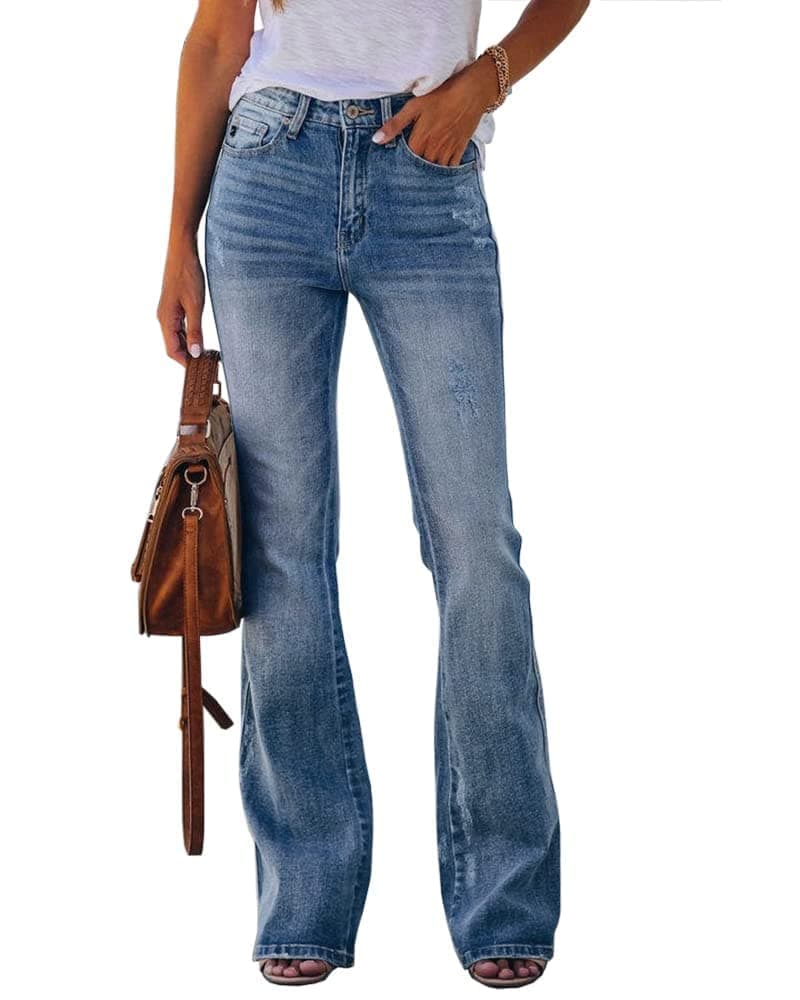 Koinshha Womens High Waisted Jeans Flare Stretch Boyfriend Casual Bootcut Denim Pants Size 8 A Light Blue