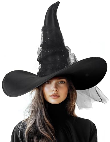 UQJE Women's Large Witch Hat Adult Black Mesh Witches Hat Halloween Costume