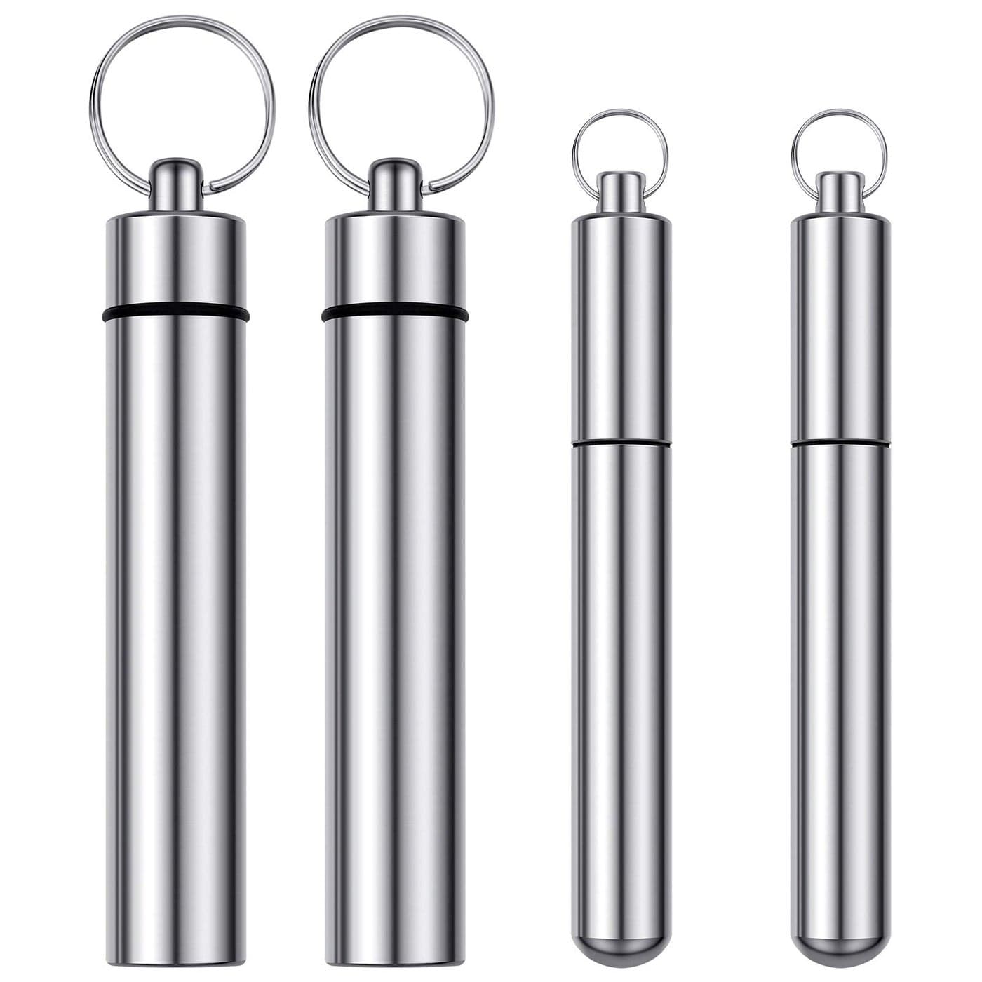 Boao 4 Pieces Metal Portable Toothpick Holder 2 Sizes Stainless Steel Pocket Holder Aluminum Waterproof Case Toothpick Container with Keychain for Outdoor Picnic and Camping Silver