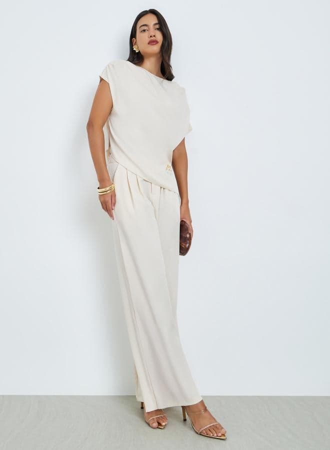 Embroidered Short Sleeve Top and Wide Leg Pants Co-Ords