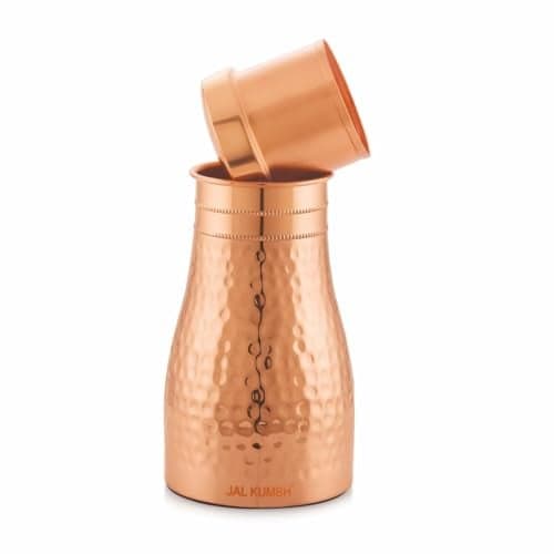JALKUMBH Pure Zuchi Copper Bedroom Water Pot with Inbuilt Glass, Hammered Shine Design, Store and Drink Purpose, Ayurvedic Health Benefits for Home, Office, Gifting, 1100 ml