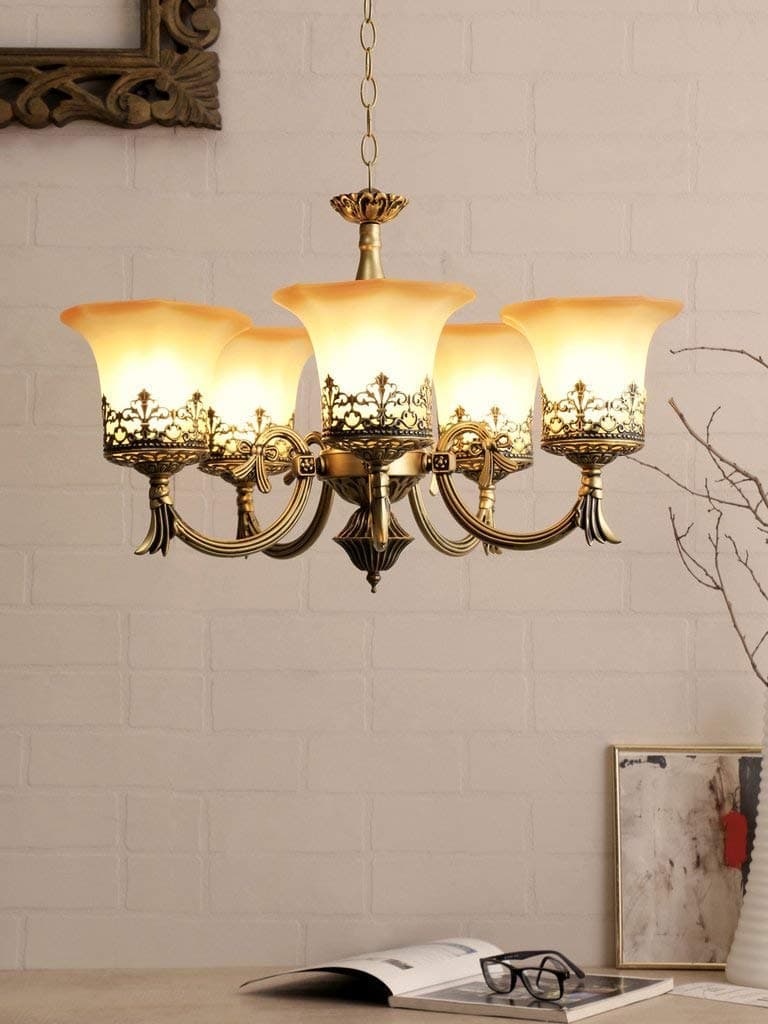 SINOMAN Golden Antique Designer Portuguese Style 5 Lamps with Orangish Yellow Glass Ceiling Hanging Pendant Type Chandelier (with Bulb)(AC)