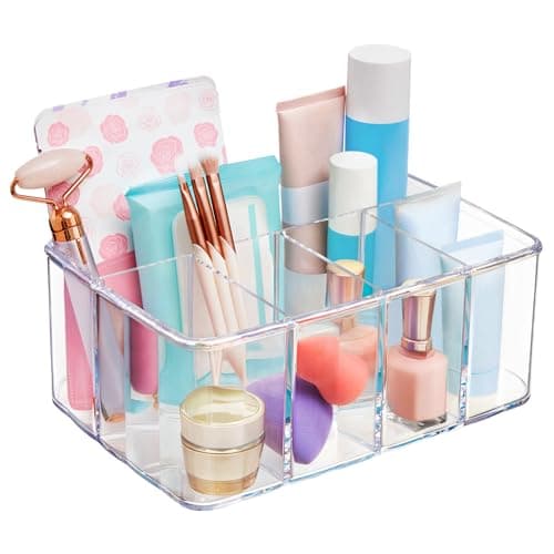 STORi 5Compartment Clear Plastic Organizer Rectangular Divided Makeup and Vanity Storage Bin and Office Desk Caddy Scalloped Wall Design Made in USA